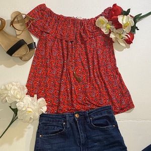 XL, Red w/blue floral off-shoulder Maurices top